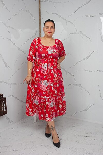 Truva XXL Red Floral Patterned Square Collar Viscose Combed Cotton Dress