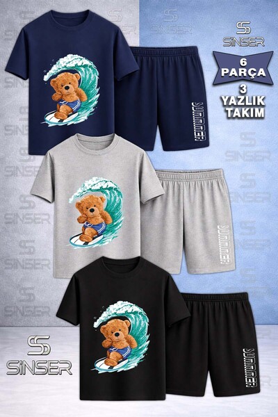SS SİNSER Children's Ayicik Sortlu Surf Custom Printed Crew Neck 3-Piece T-Sh...