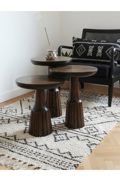 ASELYA HOME Doğal Ahşap 3’lü Set Mantar Yan Sehpa Modern Fiskos Ev Dekorasyonu