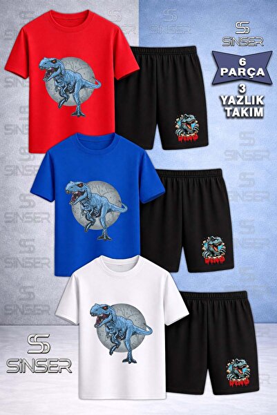 SS SİNSER Children's Dinosaur Blue in the Circle Custom Printed Crew Neck 3-P...