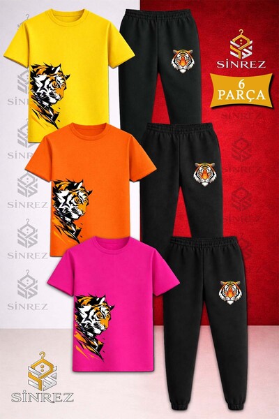 SİNREZ Children's Tiger Sag Looking up Head Printed 3-Piece T-Shirt Tracksuit...