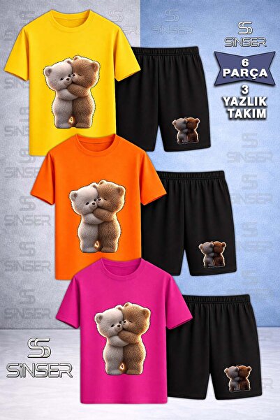 SS SİNSER Children's Bear Hug 2-Piece Special Printed Crew Neck 3-Piece T-Shi...