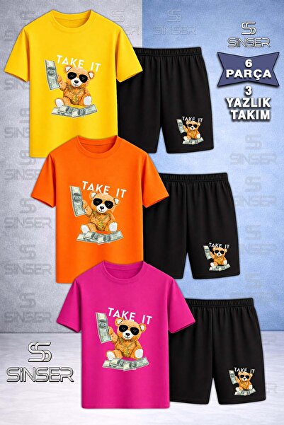 SS SİNSER Children's Ayicik Take It White Custom Printed Crew Neck 3-Piece T-...