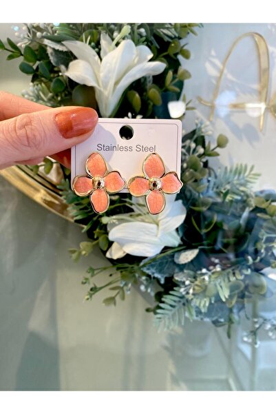 Lilyum Aksesuar Steel Orange Color Enamel Flower Model Gold Color Steel Earrings