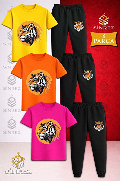 SİNREZ Children's Tiger Head Circle Printed 3-Piece T-Shirt Tracksuit Set