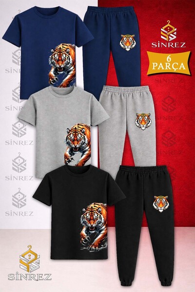 SİNREZ Children's Tiger Side Claw Printed 3-Piece T-Shirt Tracksuit Set