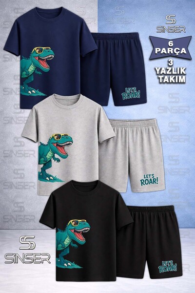 SS SİNSER Children's Dinosaur with Glasses Green Side Special Printed Crew Ne...
