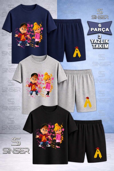 SS SİNSER Children's Alvin and the Girl Squirrel Custom Printed Crew Neck 3-P...