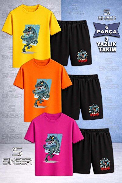 SS SİNSER Children's Dinosaur Turquoise Canvas Custom Printed Crew Neck 3-Pie...