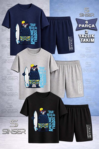 SS SİNSER Children's Ayicik Syh Surf Hat Special Printed Crew Neck 3-Piece T-...