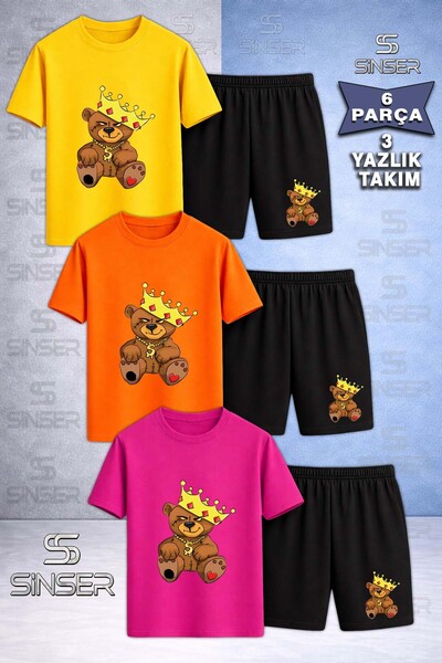 SS SİNSER Children's Special Printed Crew Neck 3-Piece T-Shirt - Shorts Set w...