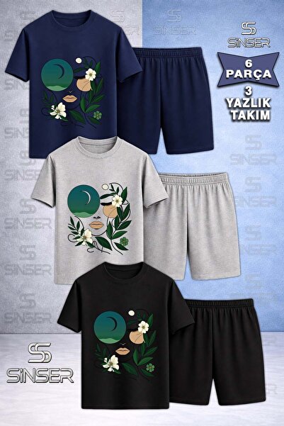 SS SİNSER Children's Cicekten Green Girl Yuzu Special Printed Crew Neck 3-Pie...