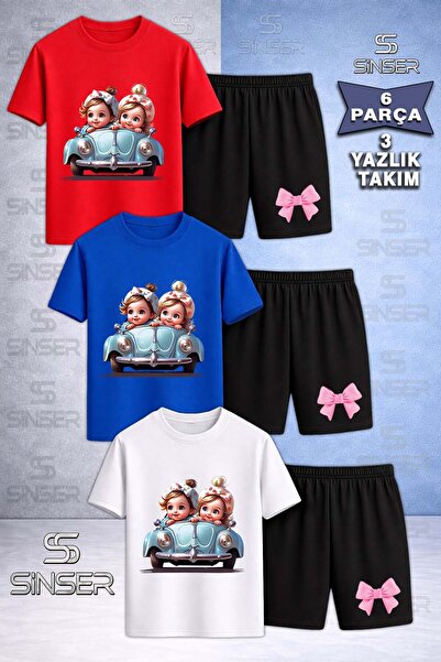 SS SİNSER Children's Car 2Li Girl Cute Custom Printed Crew Neck 3-Piece T-Shi...