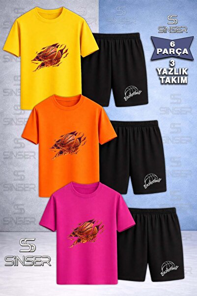 SS SİNSER Children's Basketball Flame Custom Printed Crew Neck 3-Piece T-Shir...
