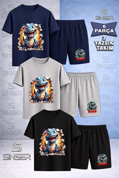 SS SİNSER Children's Dinosaur Blue Magaradan Cikan Custom Printed Crew Neck 3...
