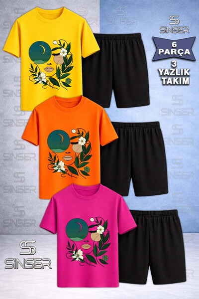SS SİNSER Children's Cicekten Green Girl Yuzu Special Printed Crew Neck 3-Pie...