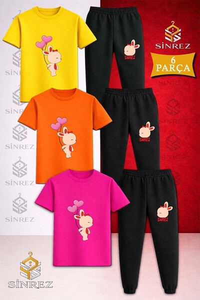 SİNREZ Children's Tavsan Heart Balloon Back Printed 3-Piece T-Shirt Tracksuit...