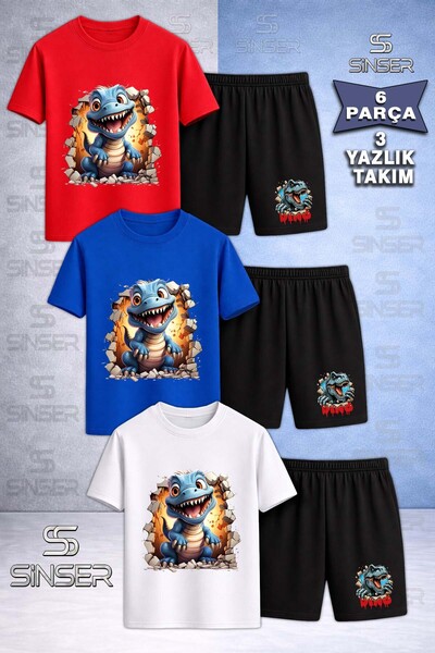SS SİNSER Children's Dinosaur Blue Magaradan Cikan Custom Printed Crew Neck 3...