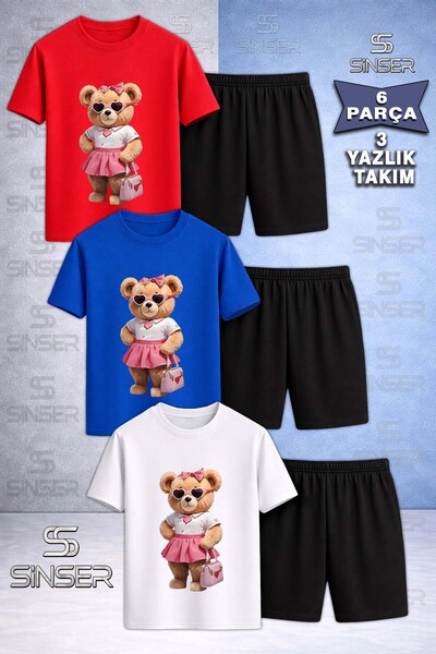 SS SİNSER Children's Bear Pink Skirt Bag Special Printed Crew Neck 3-Piece T-...