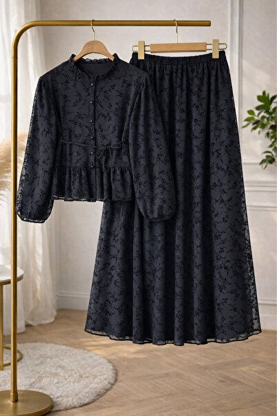 SUWWE Μαύρο Σετ Τεσεττούρ με Φλοκ Σχέδιο και Επένδυση