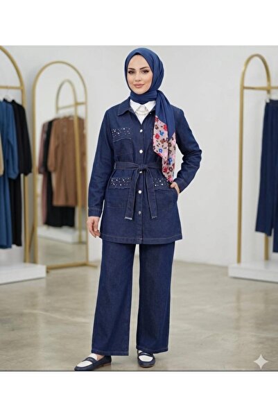 MODA VEDAT Set de blugi pentru femei cu buzunare și broderie cu pietre -0850