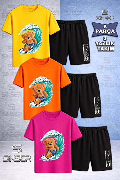 SS SİNSER Children's Ayicik Sortlu Surf Custom Printed Crew Neck 3-Piece T-Sh...
