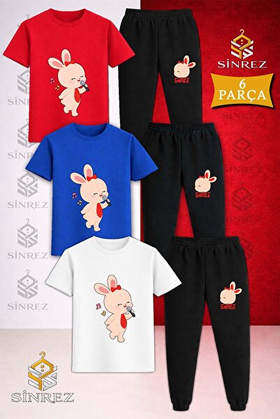 SİNREZ Children's Tavsan Microphone Printed 3-Piece T-Shirt Tracksuit Set