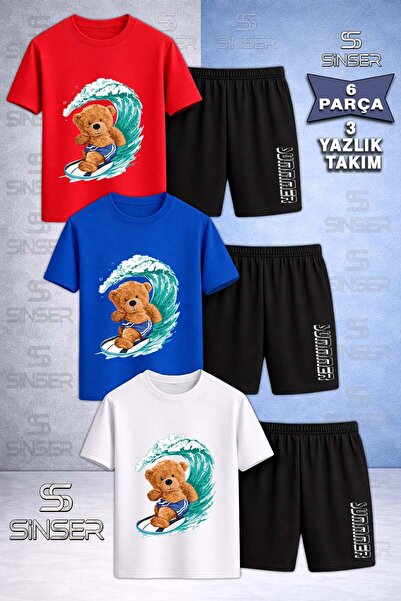 SS SİNSER Children's Ayicik Sortlu Surf Custom Printed Crew Neck 3-Piece T-Sh...