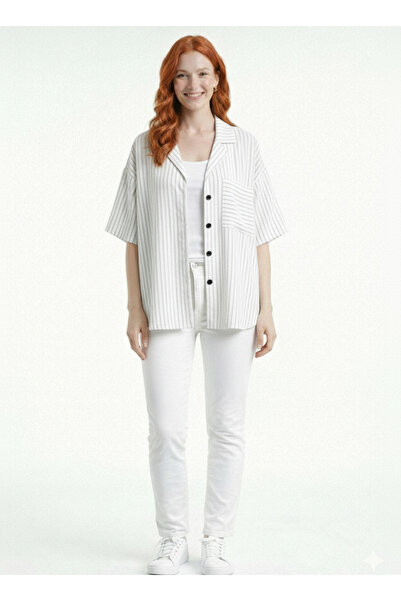 Neden Tekstil Women's Oversize Striped Short Sleeve Shirt Blouse