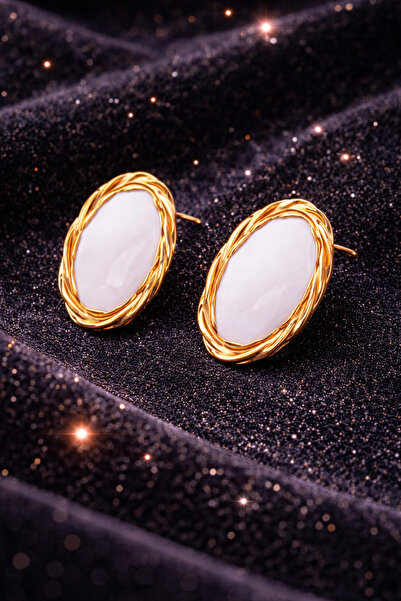 Sylvera Shop White Oval Steel Earrings with Twirl Detail (Gold Color)