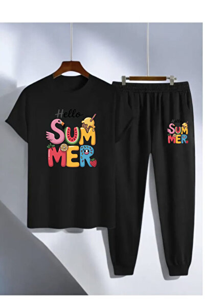 SUMMER Baskılı Eşofman Altı Ve T-shirt - Jogger Tişört Alt Üst Eşofman Takımı Bisiklet Yaka