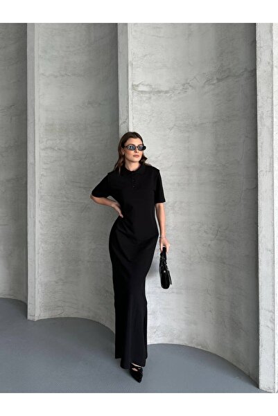 Royteks Fashion Polo Collar Full Length Pique Fabric Dress