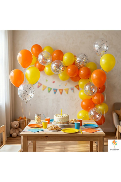 baloss fer Turuncu Sarı Balon Seti 20’li Gümüş Konfeti Şeffaf Balon Doğum Gün...