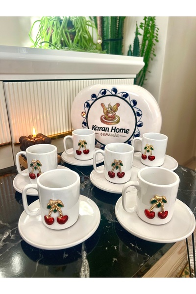 karan home seramik 12 parça 6 Kişilik Kiraz Detaylı Kahve Fincan Takımı