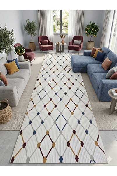 Nesrin MODERN MİNİMALİST KAFES DESENLİ KAYMAZ JEL TABAN HALI RENKLİ