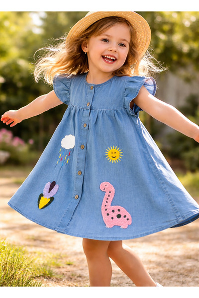 Neva Baby Boutique Kız Çocuk Punch Nakışlı Mavi Jean Elbise - Dinozor Ve Güne...