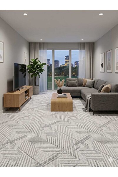 Nesrin MODERN ÇİZGİLİ GEOMETRİK DESENLİ KAYMAZ JEL TABAN YOLLUK GRİ
