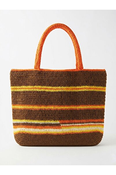 Enie Γυναικεία Καφέ Ψάθινη Πλεκτή Χειροποίητη Τσάντα Παραλίας και Ώμου-Χωρίς ...