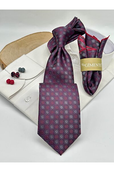 Gutiero Claret Red Patterned Classic Tie with Handkerchief