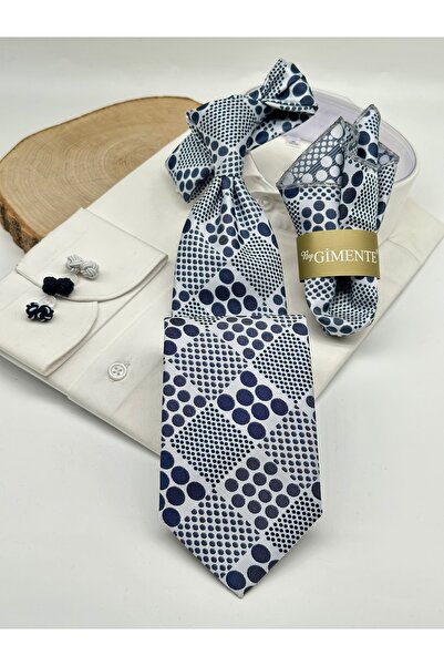 Gutiero White Navy Blue Polka Dot Classic Tie with Handkerchief