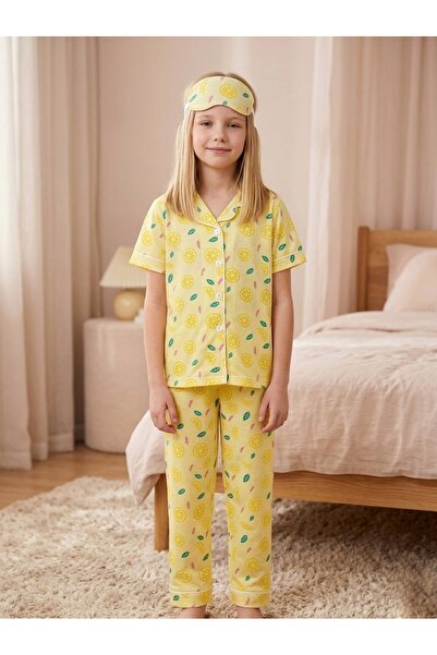 Enie Κοριτσίστικο σετ πιτζάμες με λεμονάτο σχέδιο από βαμβάκι με κοντά μανίκι...