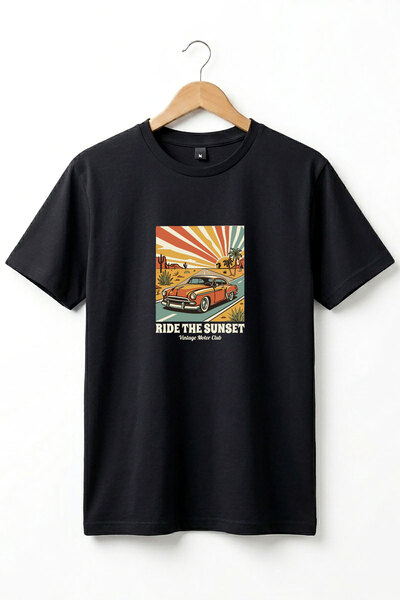 onsrawear Unisex Vintage Ride the Sunset Retro Car Printed Cotton Basic T-Shirt
