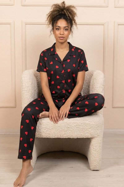 Niket Life Women's Heart Patterned Shirt Collar Short Sleeve Long Cool Touch Milan Fabric Pajama Set