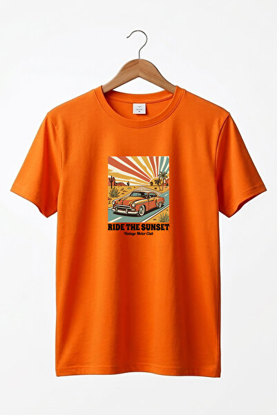 onsrawear Unisex Vintage Ride The Sunset Retro Araba Baskılı Pamuklu Basic Ti...
