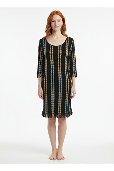 Neden Tekstil Γυναικείο Μαύρο Μπεζ Ριγέ Πλεκτό Φόρεμα