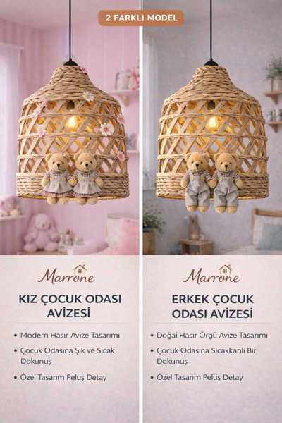 Marrone Kız Ve Erkek Çocuk Odası İki Adet Hasır Ayıcıklı Avize Duy Dahildir