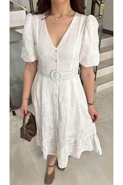 Sude Kızanlıklı Rochie Pinterest cu curea și broderie florală ecru