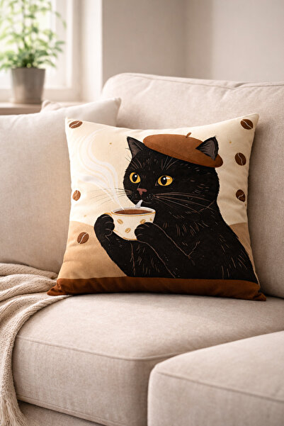 Tilda BSC. & Home Kırlent Kılıfı 43x43 Sevimli Siyah Kedi Kahve Temalı Dekoratif Yastık Kılıfı