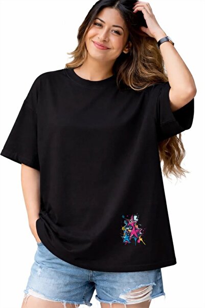 Unisex Oversize Kesim Pamuk Bisiklet Yaka Siyah Tişört