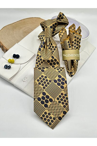 Gutiero Black and Yellow Polka Dot Classic Tie with Handkerchief